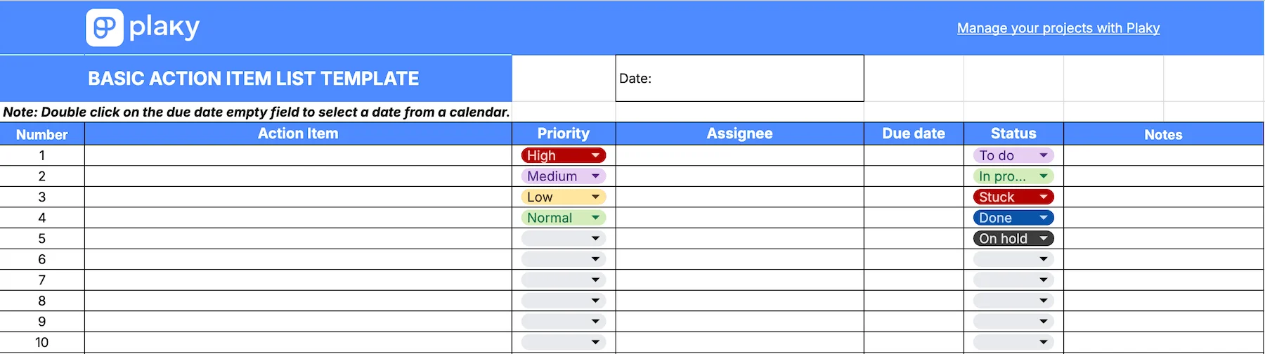 Plaky's Basic action item list template