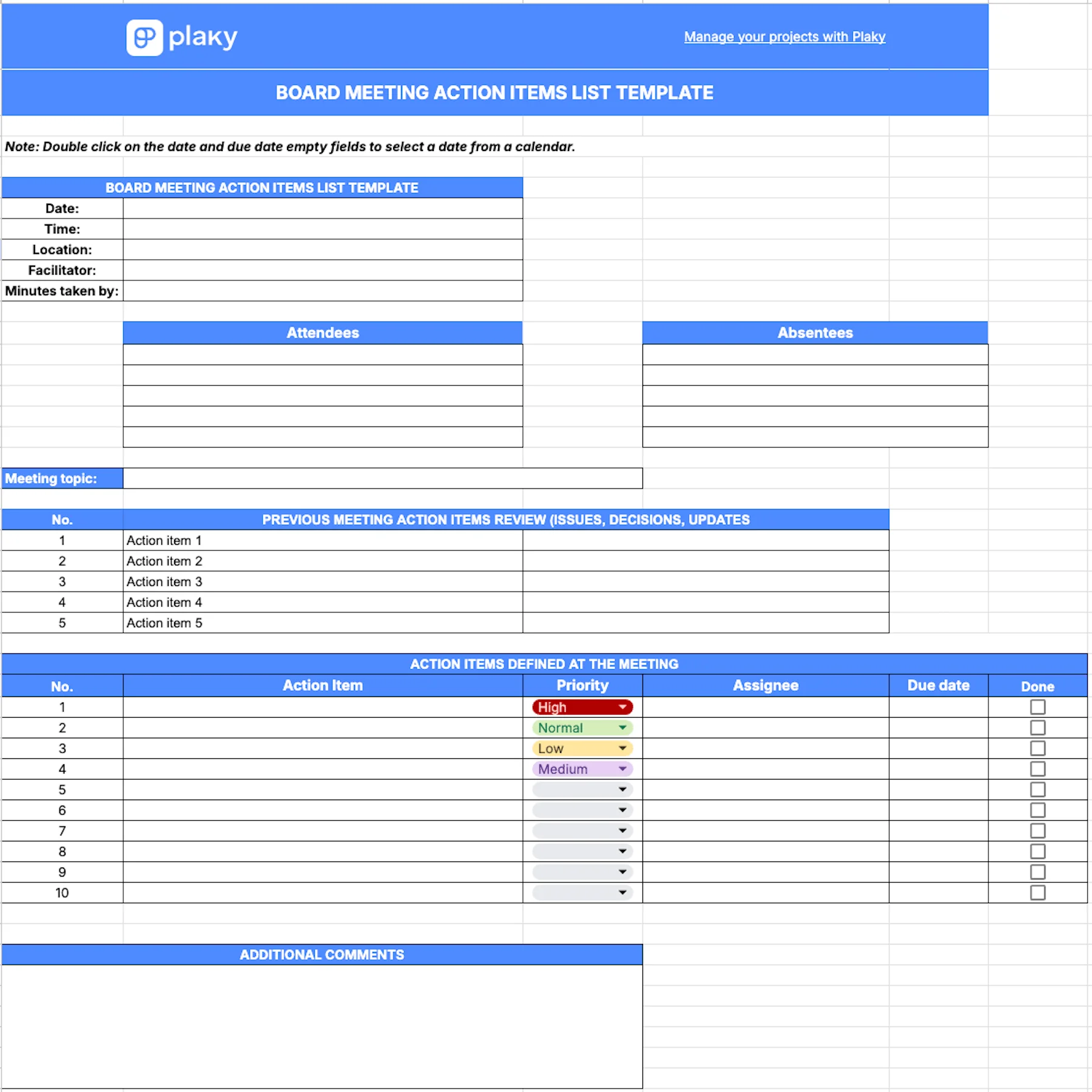 Plaky's Board meeting action items template
