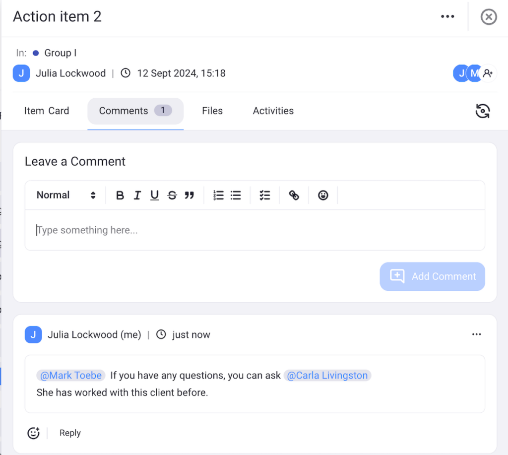 Item card comment section shown in Plaky project management software