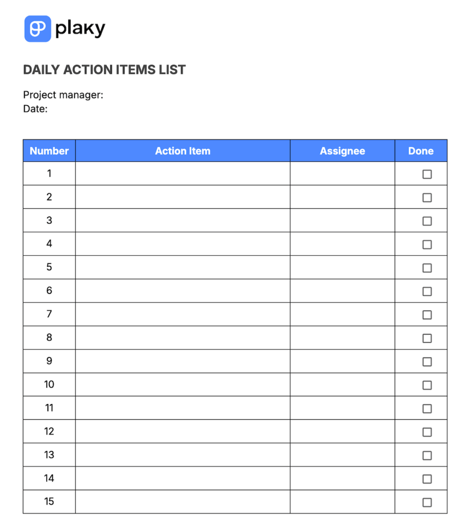 Daily action items list template