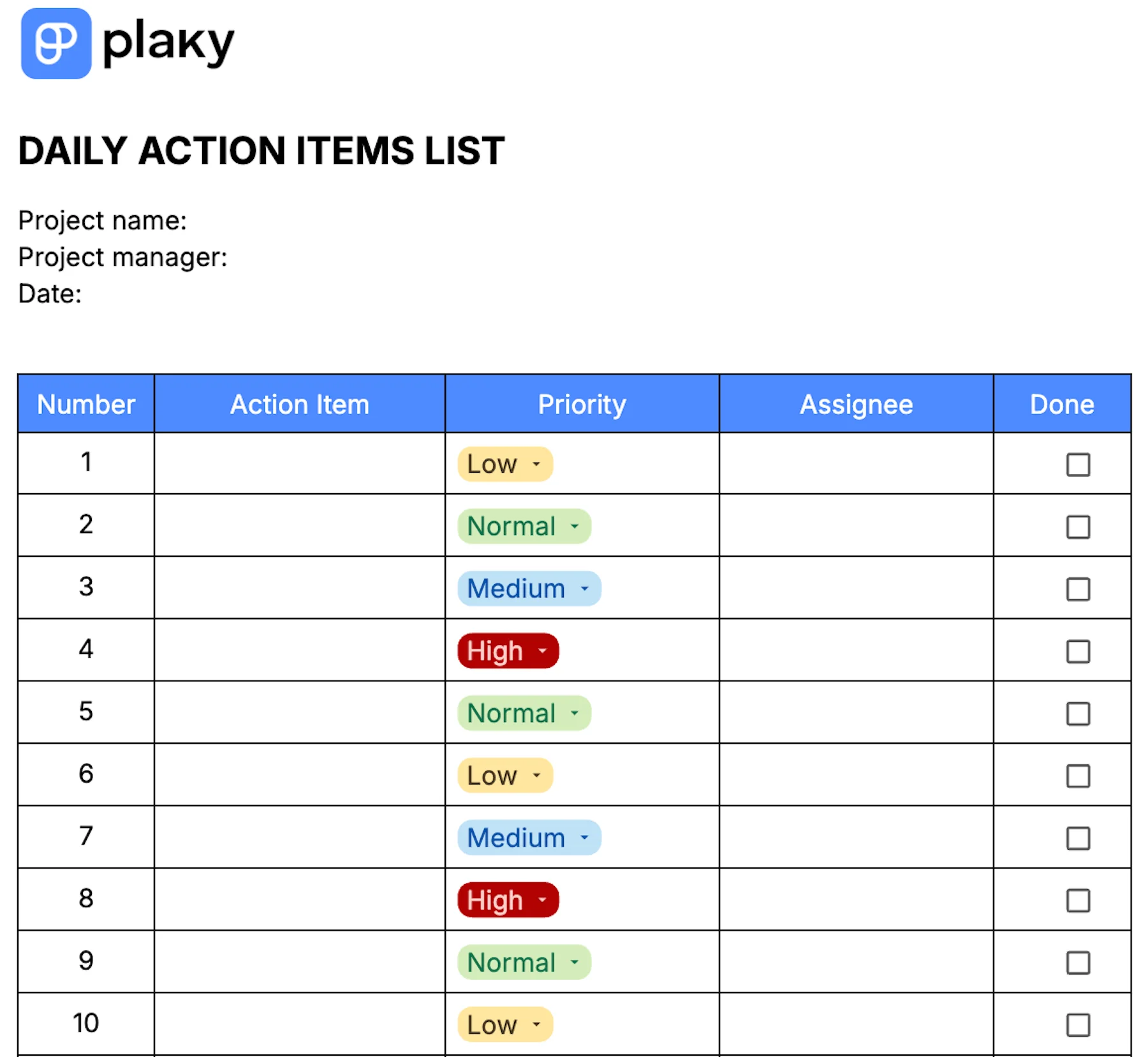 Plaky's Daily action items list template