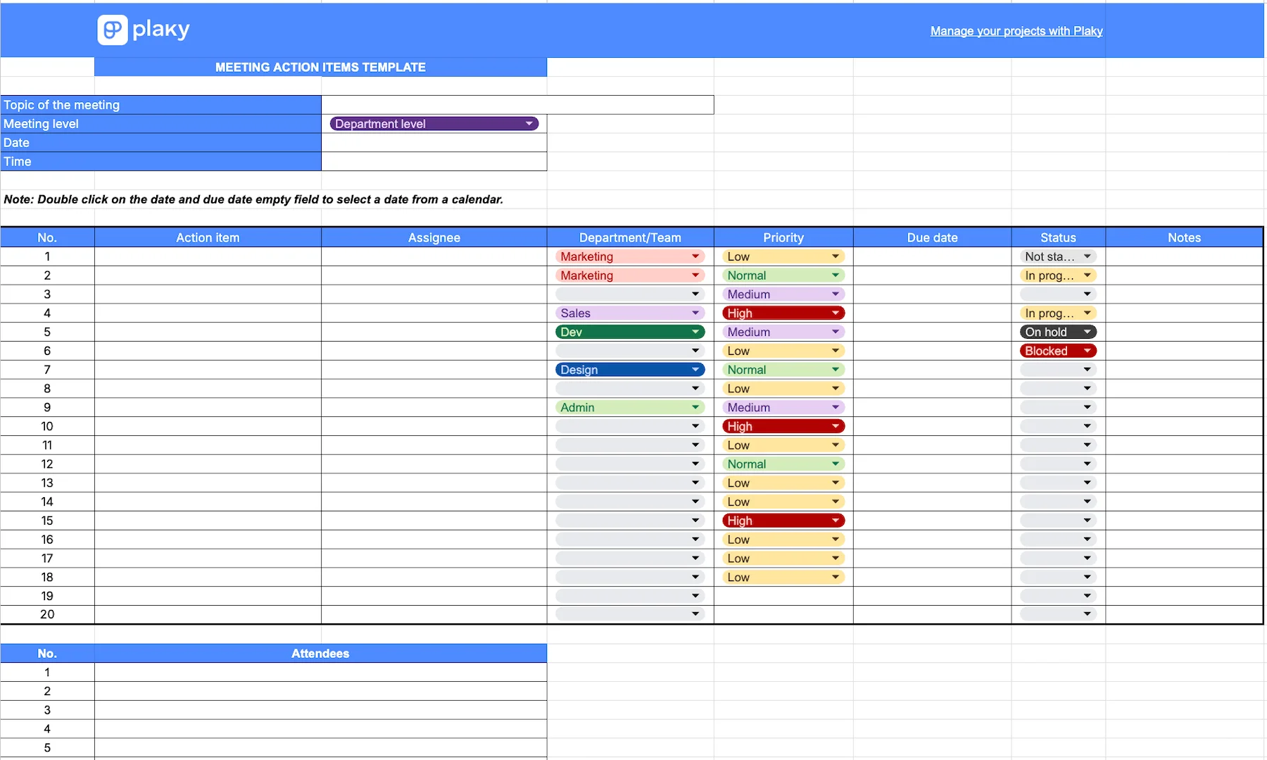 Plaky's Meeting action items template