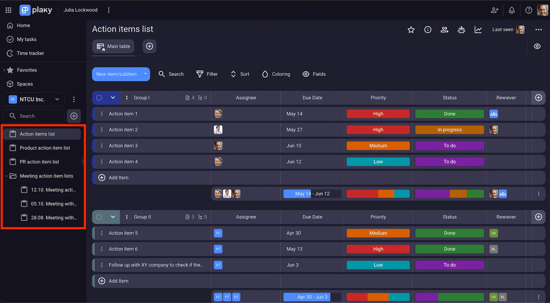 Action item lists organized into boards in Plaky’s workspace