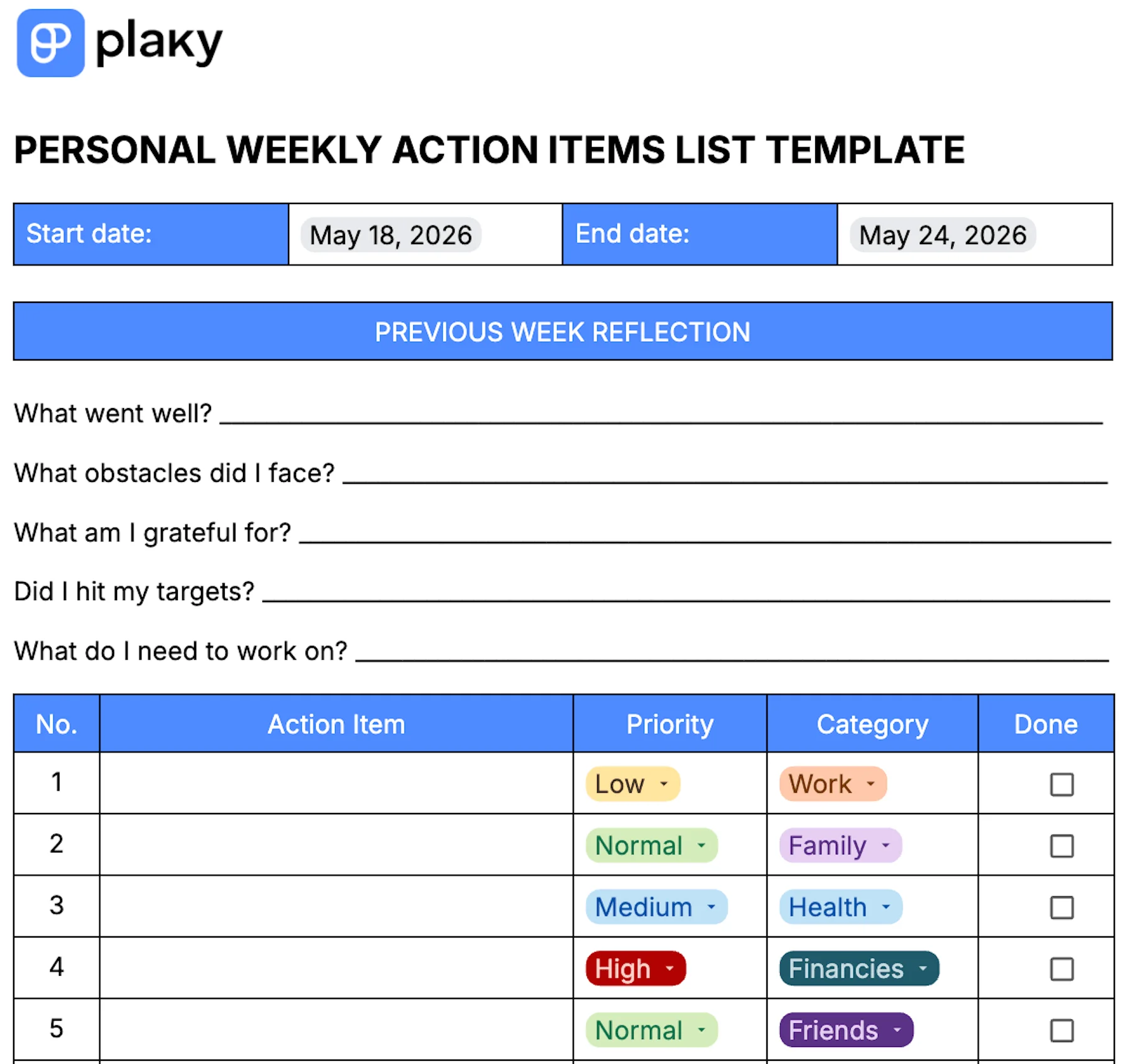 Plaky's Personal weekly action items list template