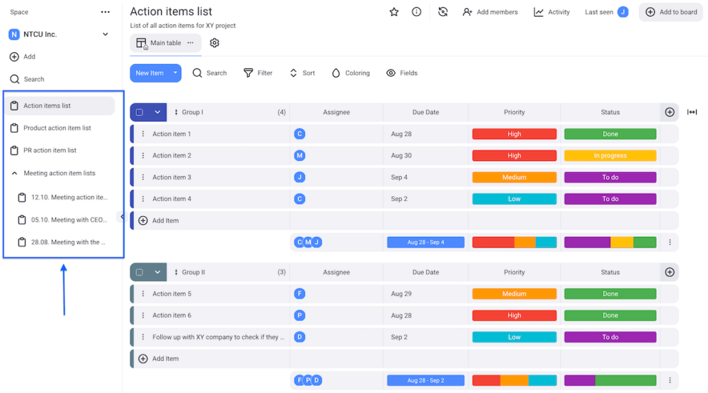 Action item list board shown in Plaky project management software