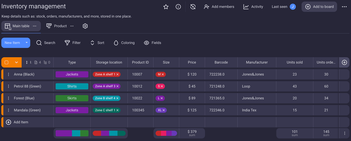 Inventory management template board shown in Plaky project management software