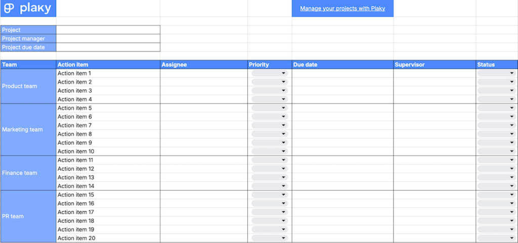 Project management action tracker template