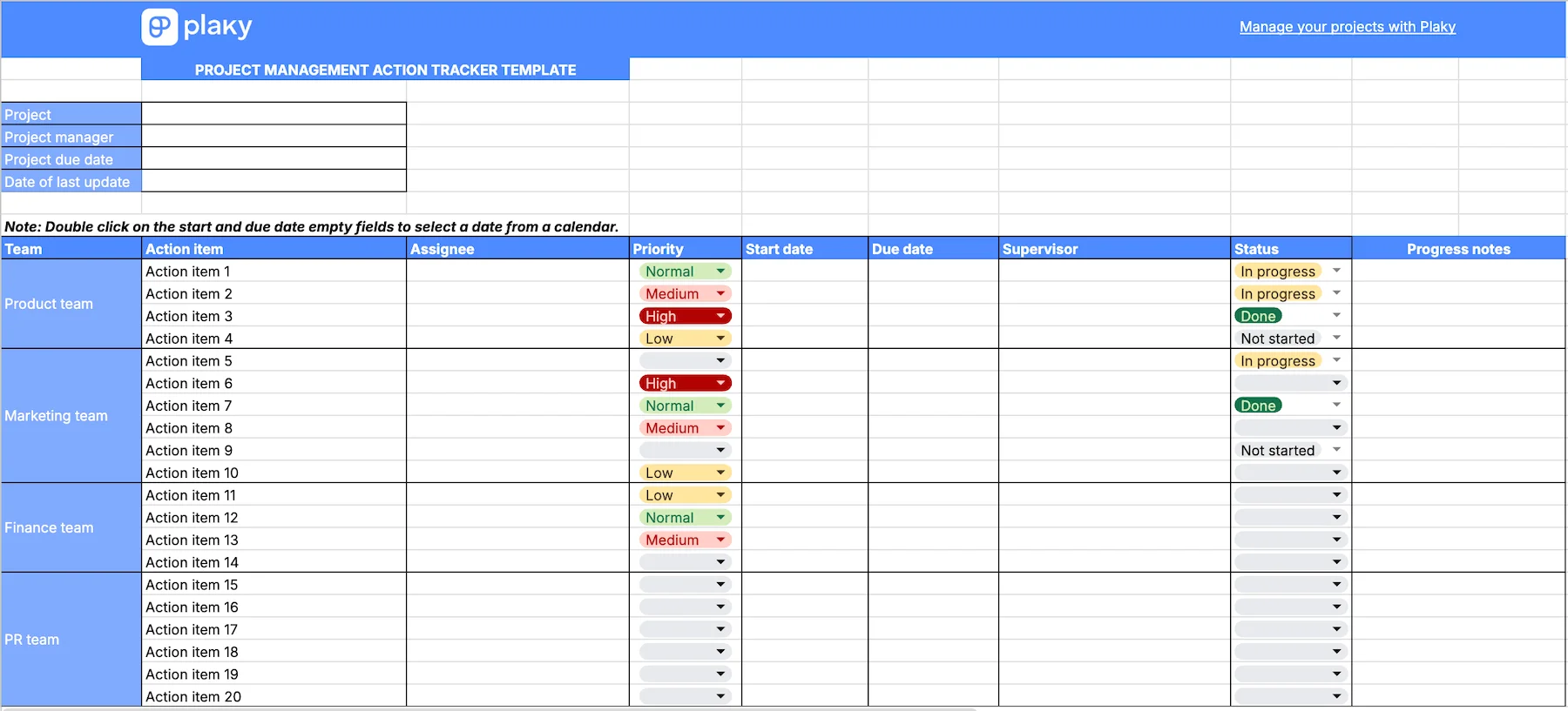 Plaky's Project management action tracker template