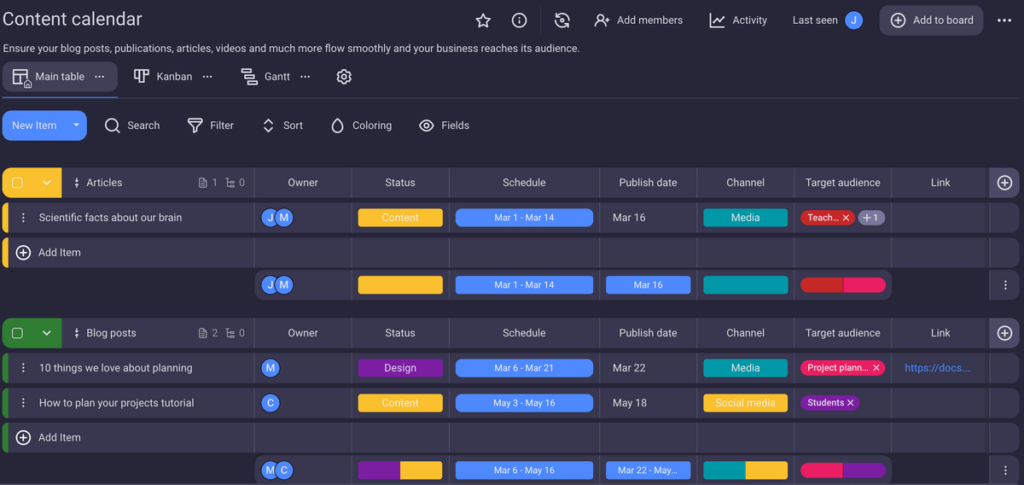 Example of a content calendar project board in Plaky project management software