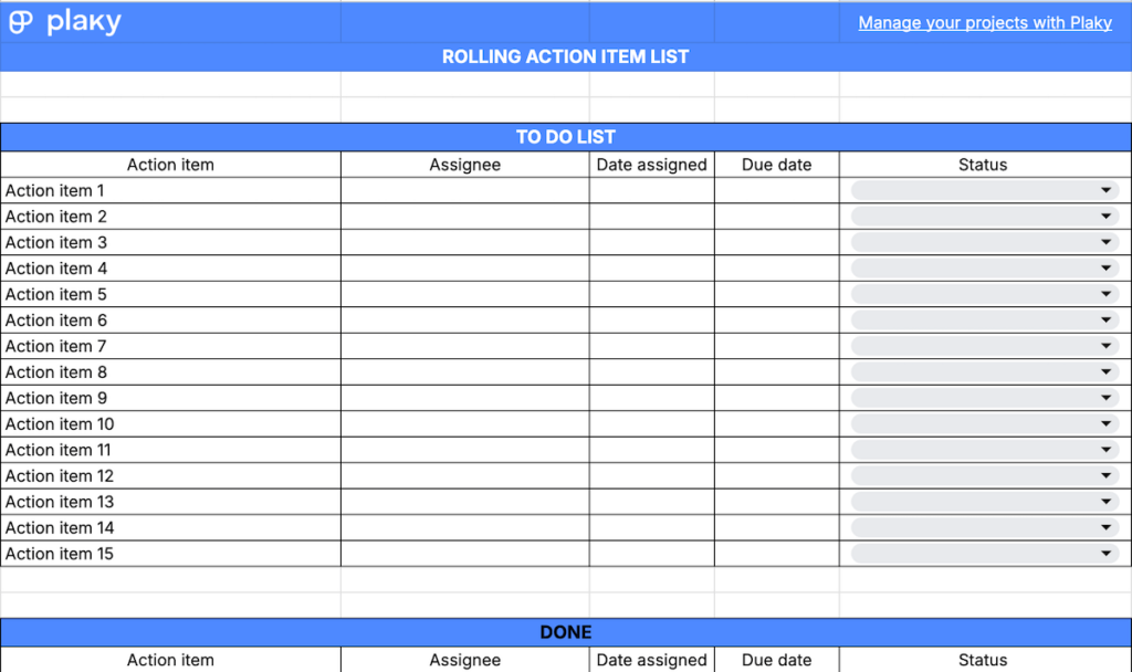 Rolling action item list template