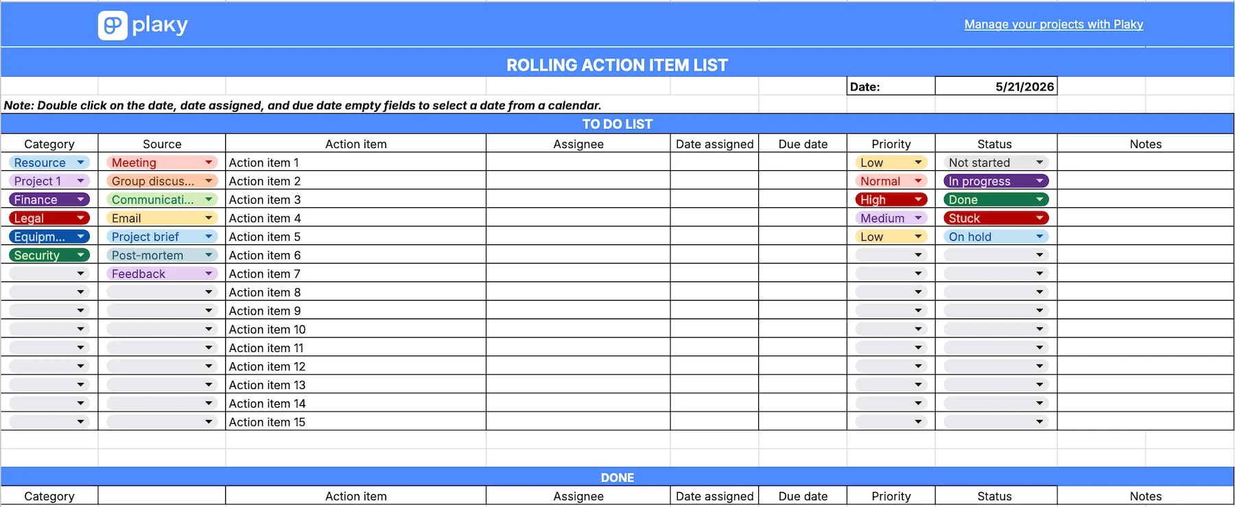 Plaky's Rolling action item list template
