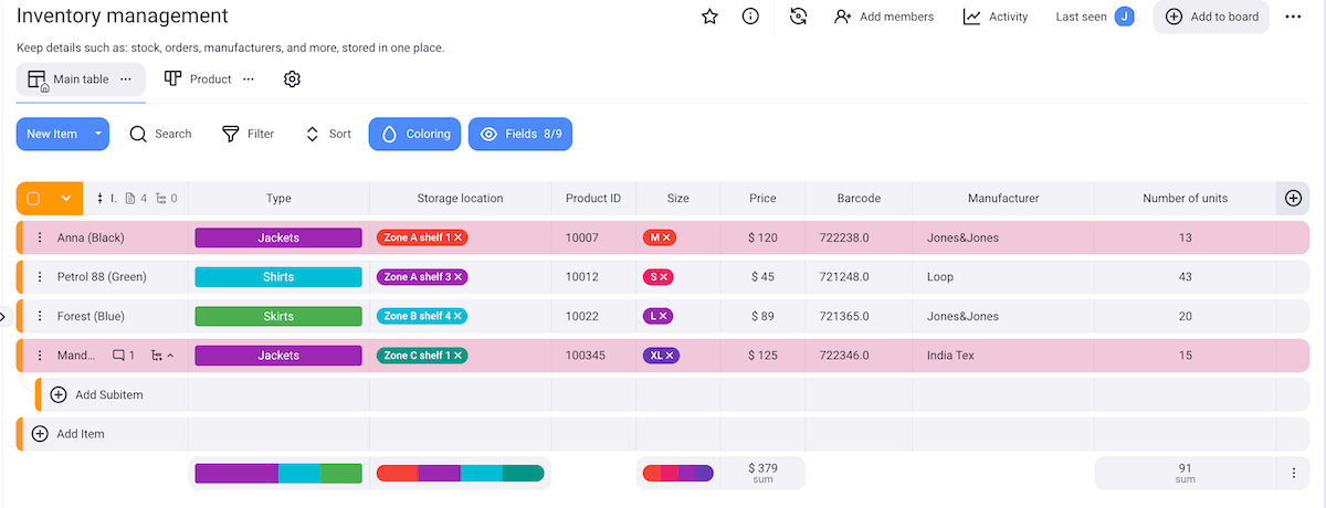 Tracking inventory quantities with Plaky's conditional coloring feature