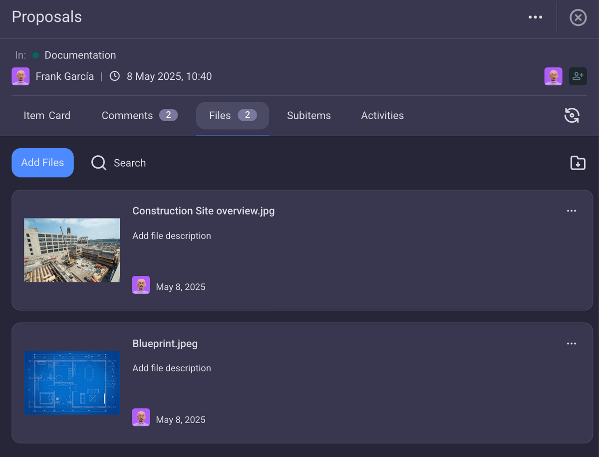 Adding files in Plaky construction project management software