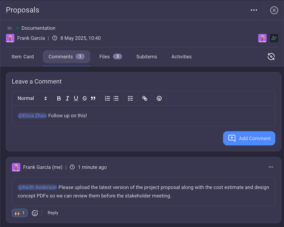 Comments in Plaky construction project management software