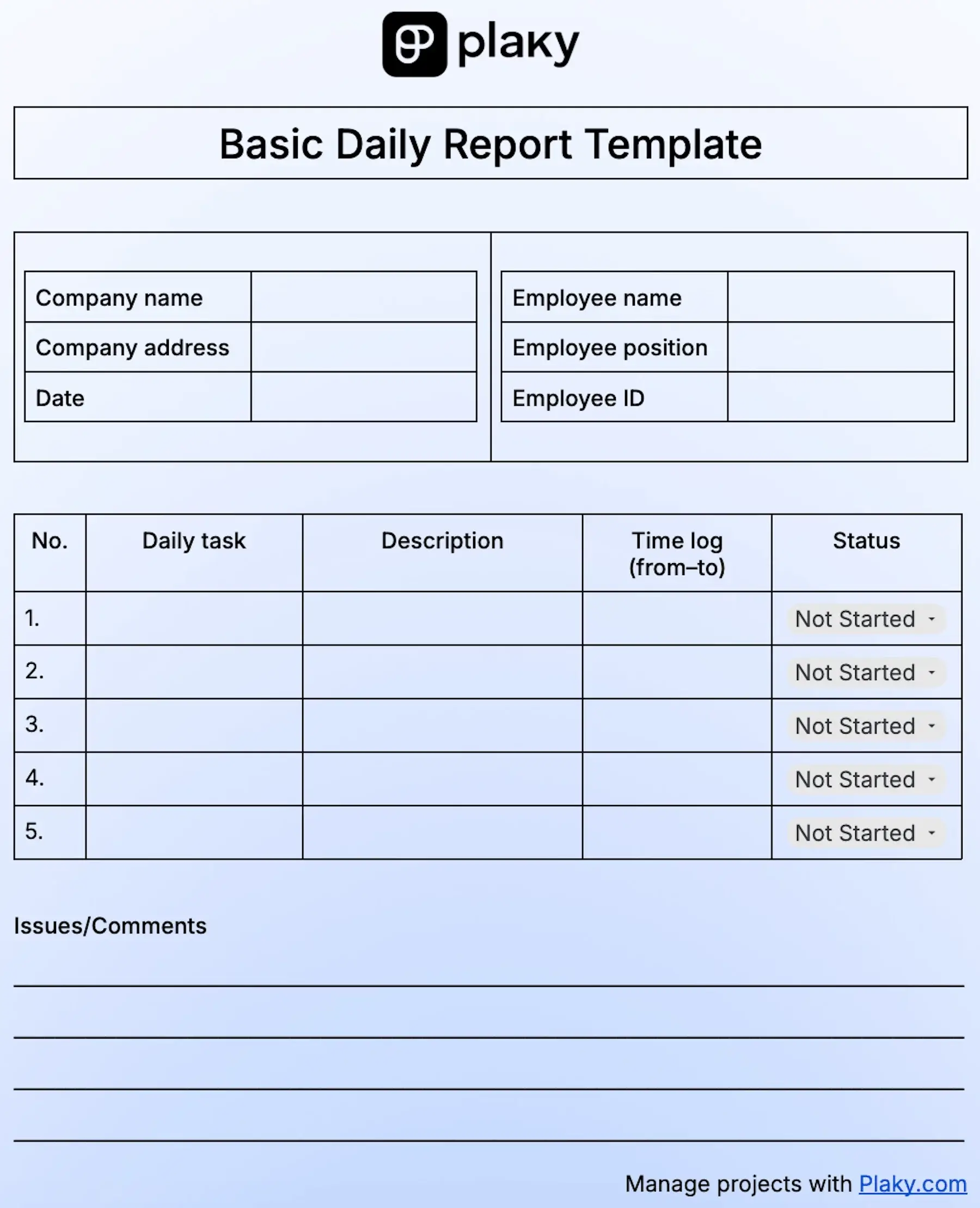 Basic Daily report template