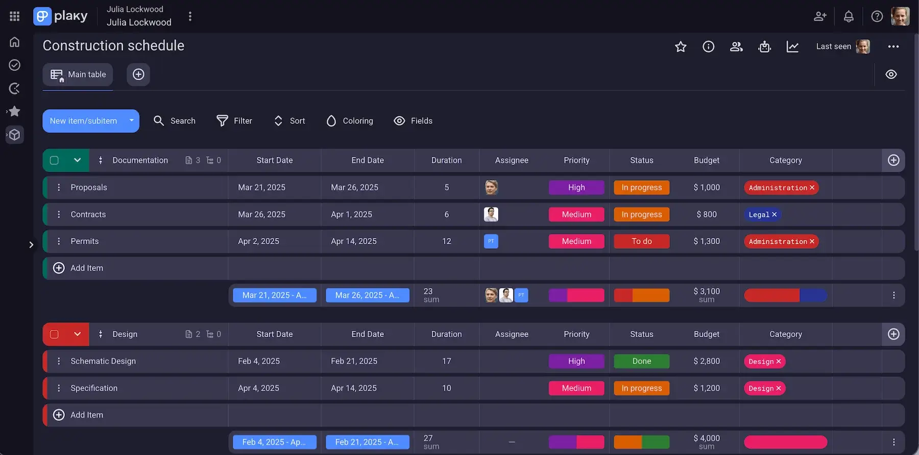 Plaky's construction schedule template