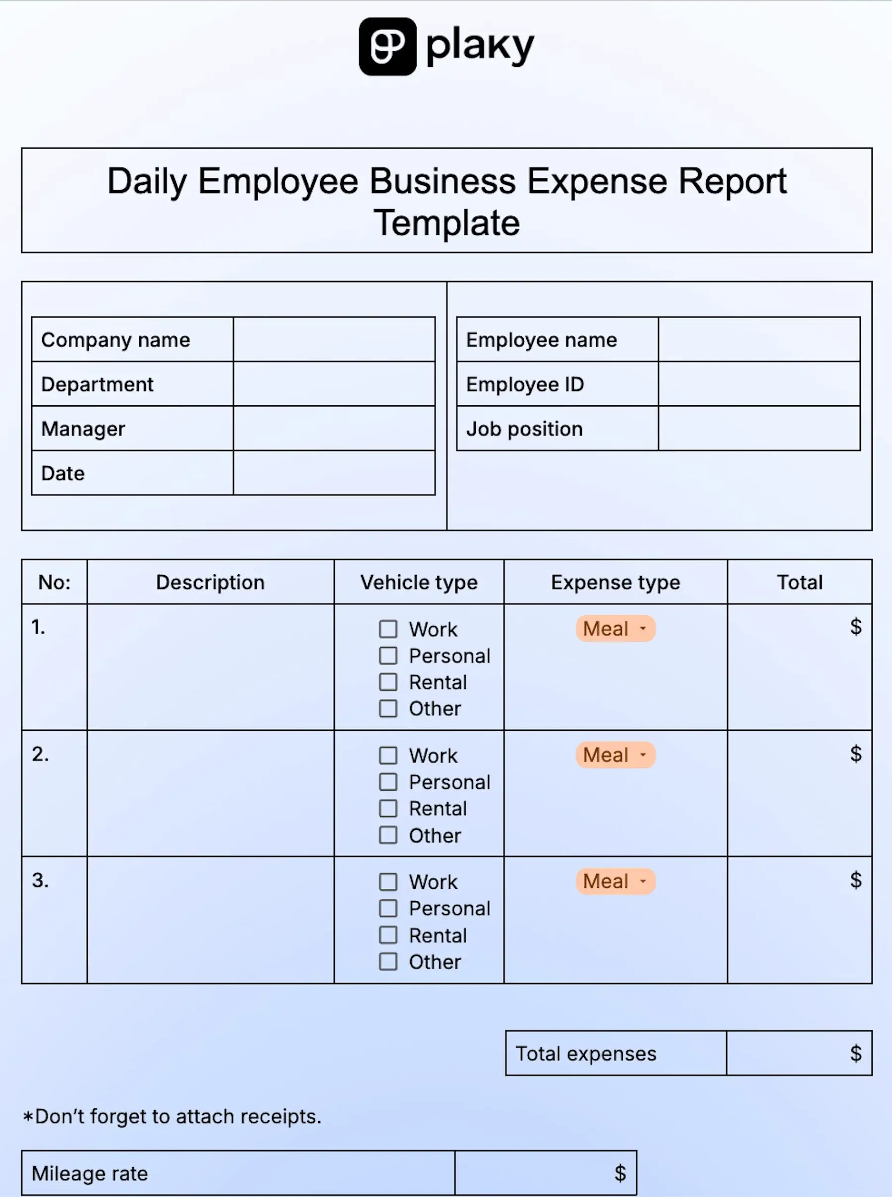 Daily employee business expense report template