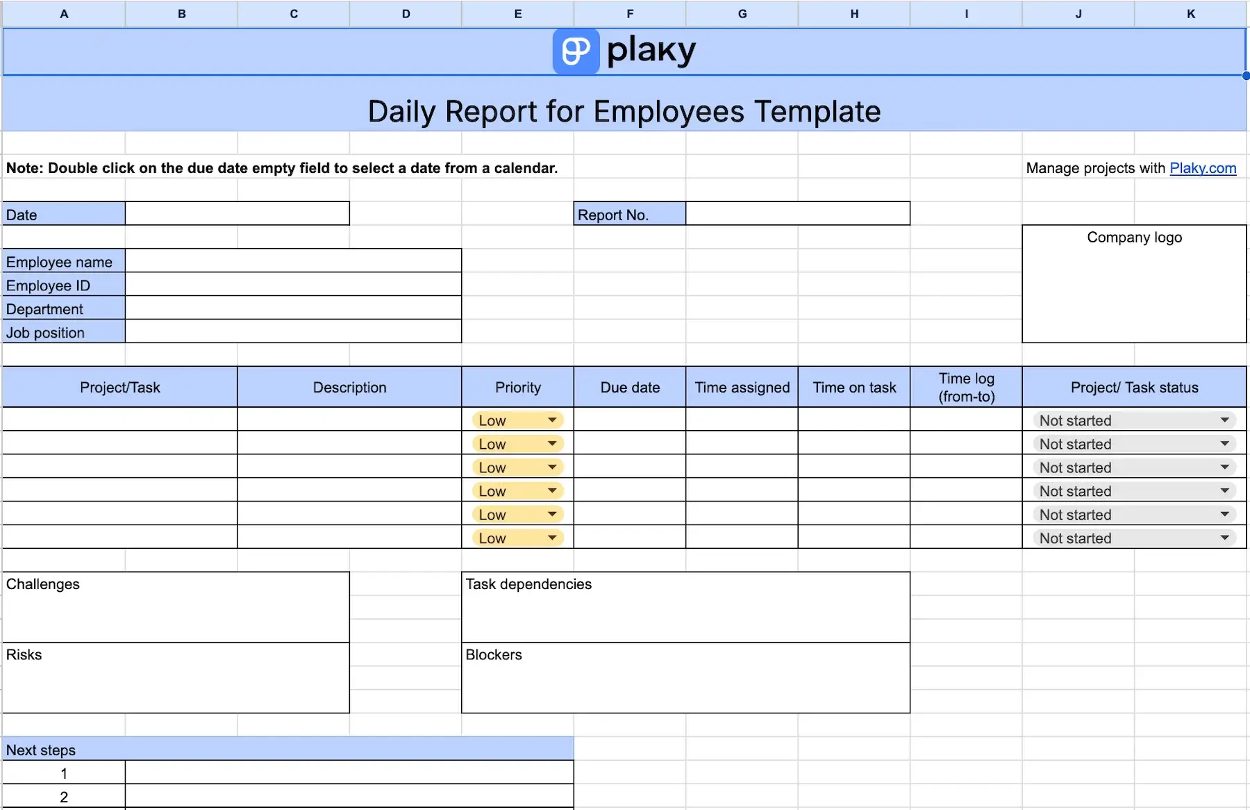 Daily report for employees template