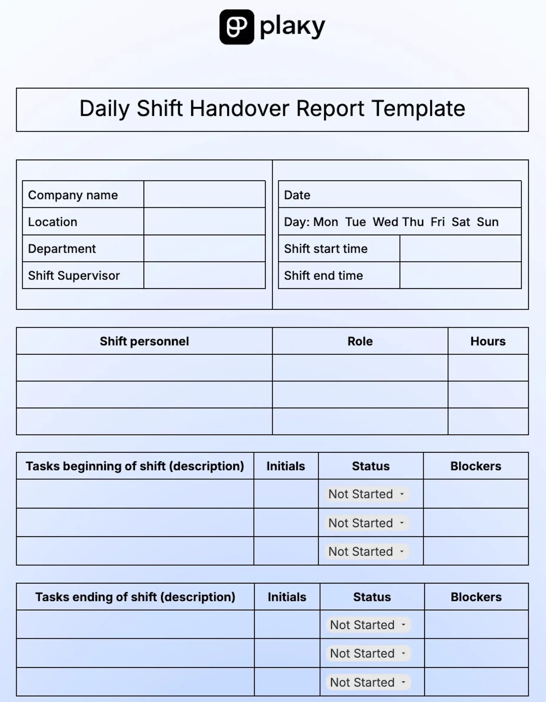 Daily shift handover report template