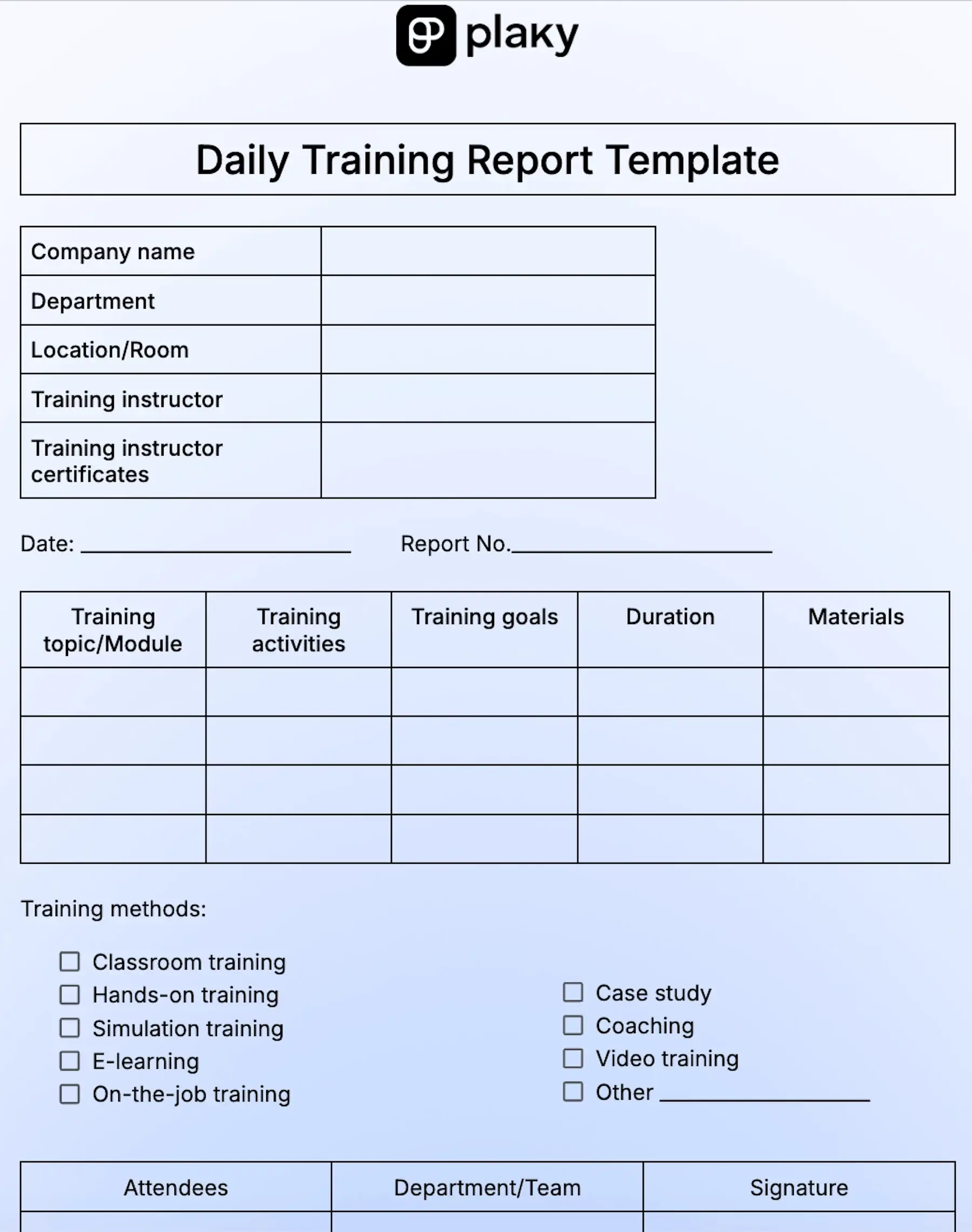 Daily training report template