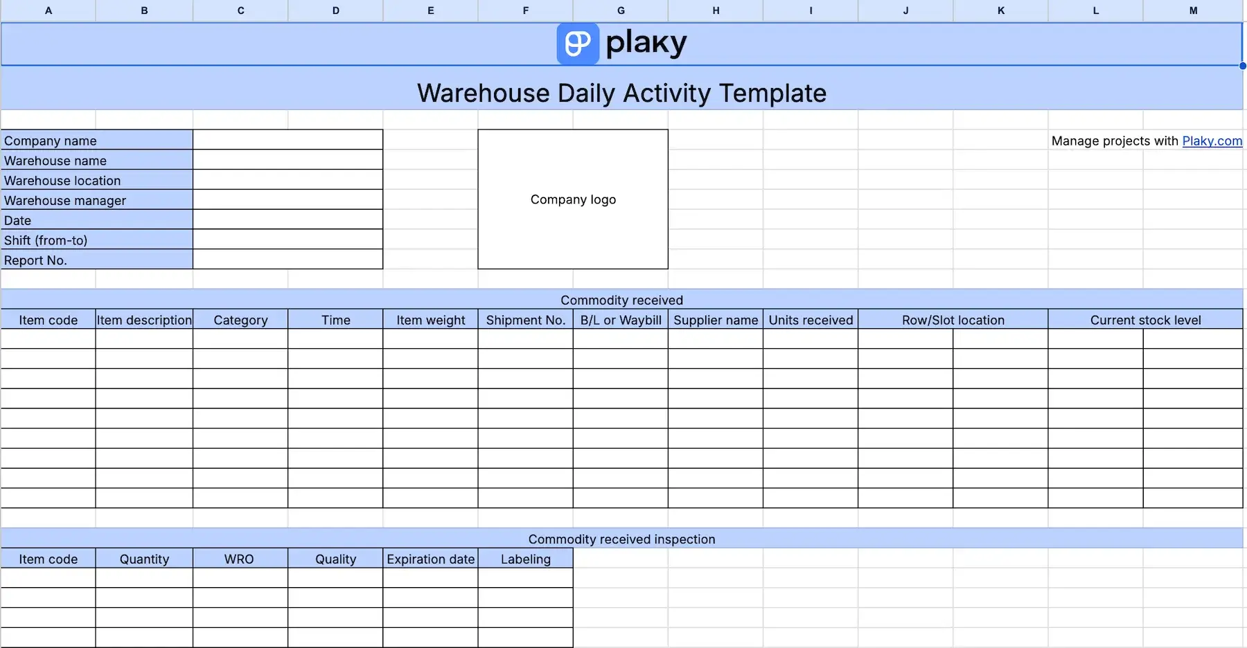 Warehouse daily activity template