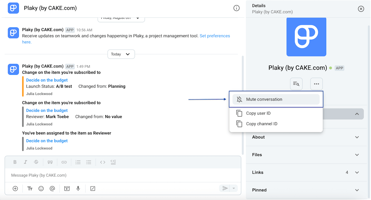 Muting the Plaky add-on in Pumble