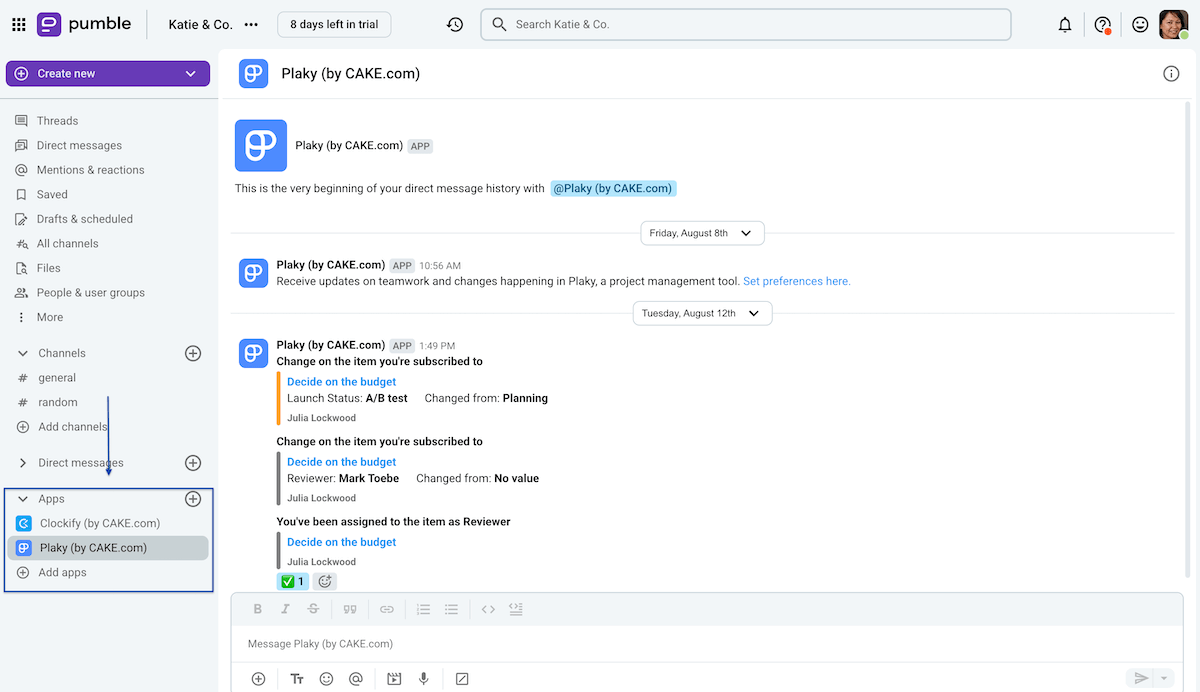 Plaky bot in Pumble's sidebar