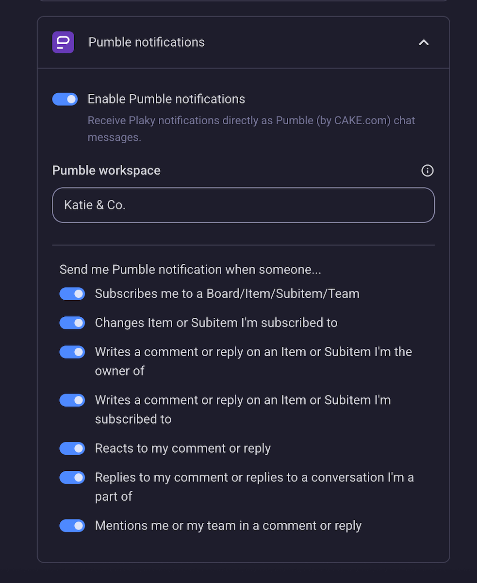 Choosing which Plaky notifications you want to receive in Pumble
