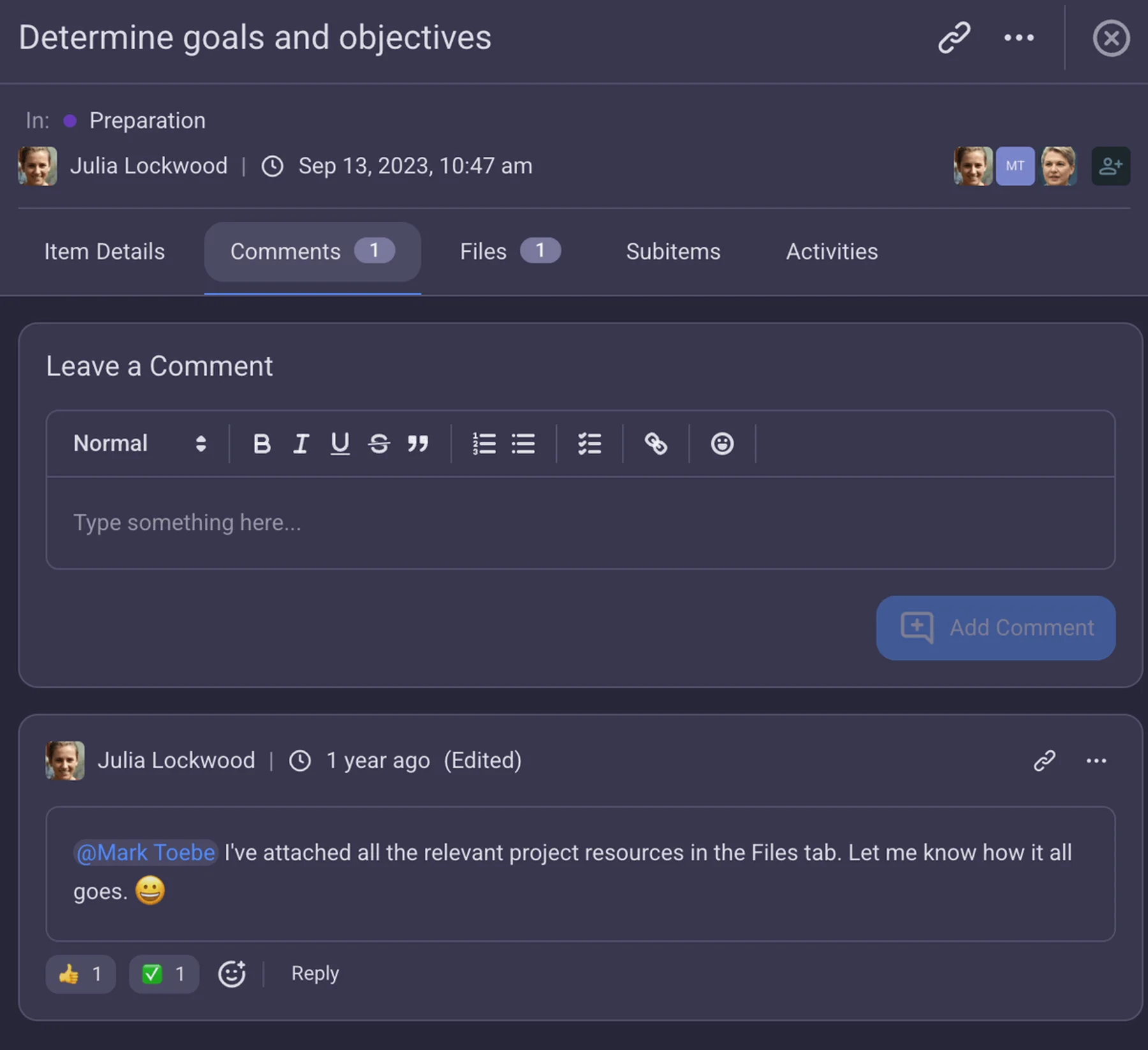 The comments sections in Plaky are clearly organized and functional