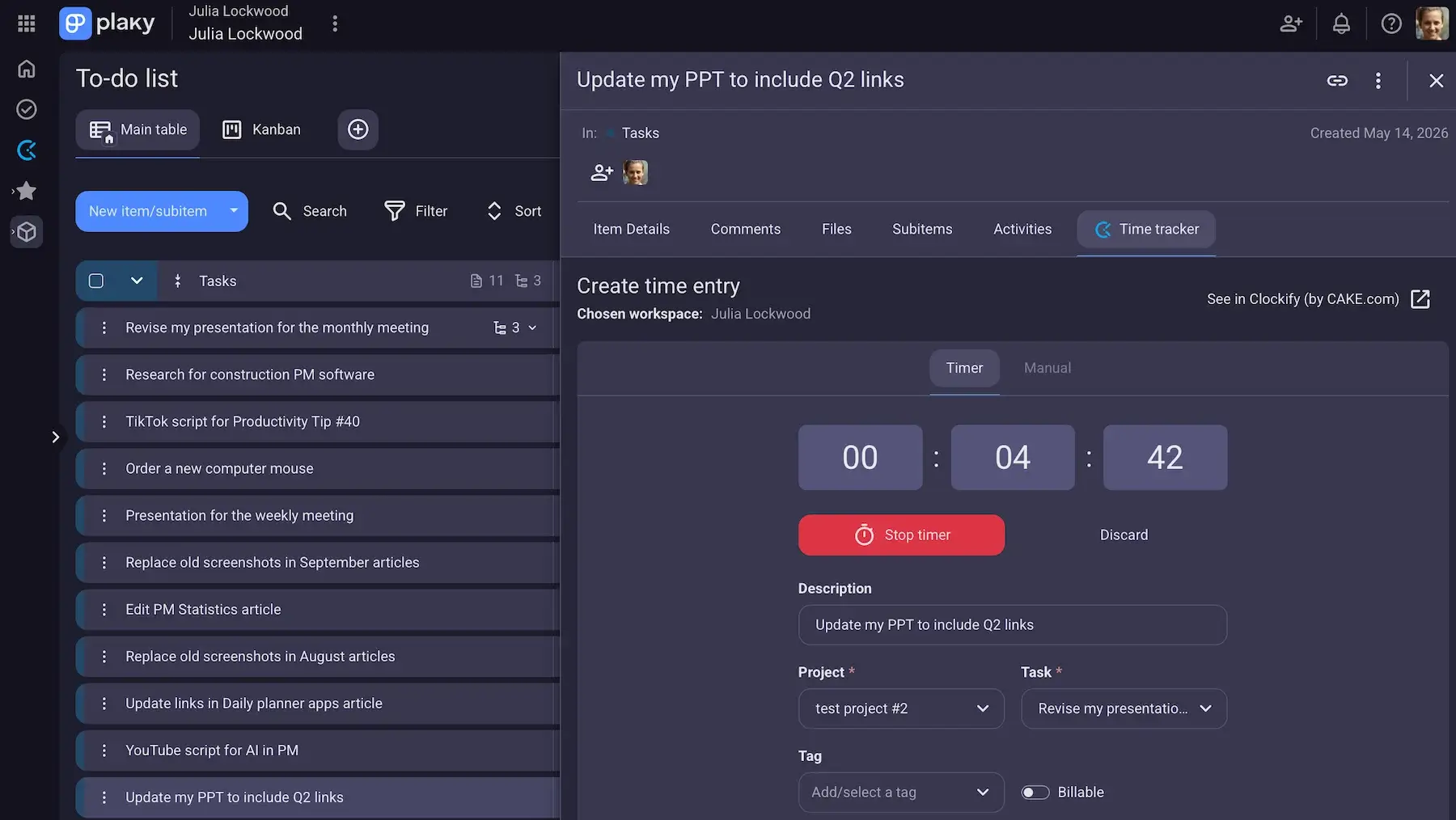Time tracking on Plaky's free plan