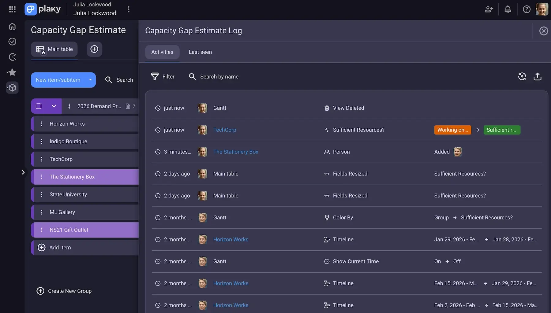 Limitless Activity log on Plaky’s Enterprise plan