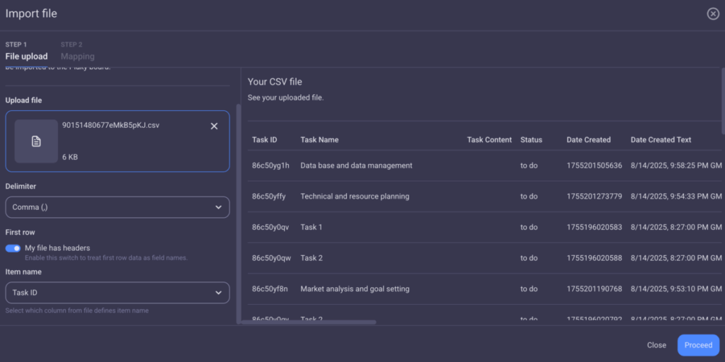 A preview of an imported CSV file in Plaky
