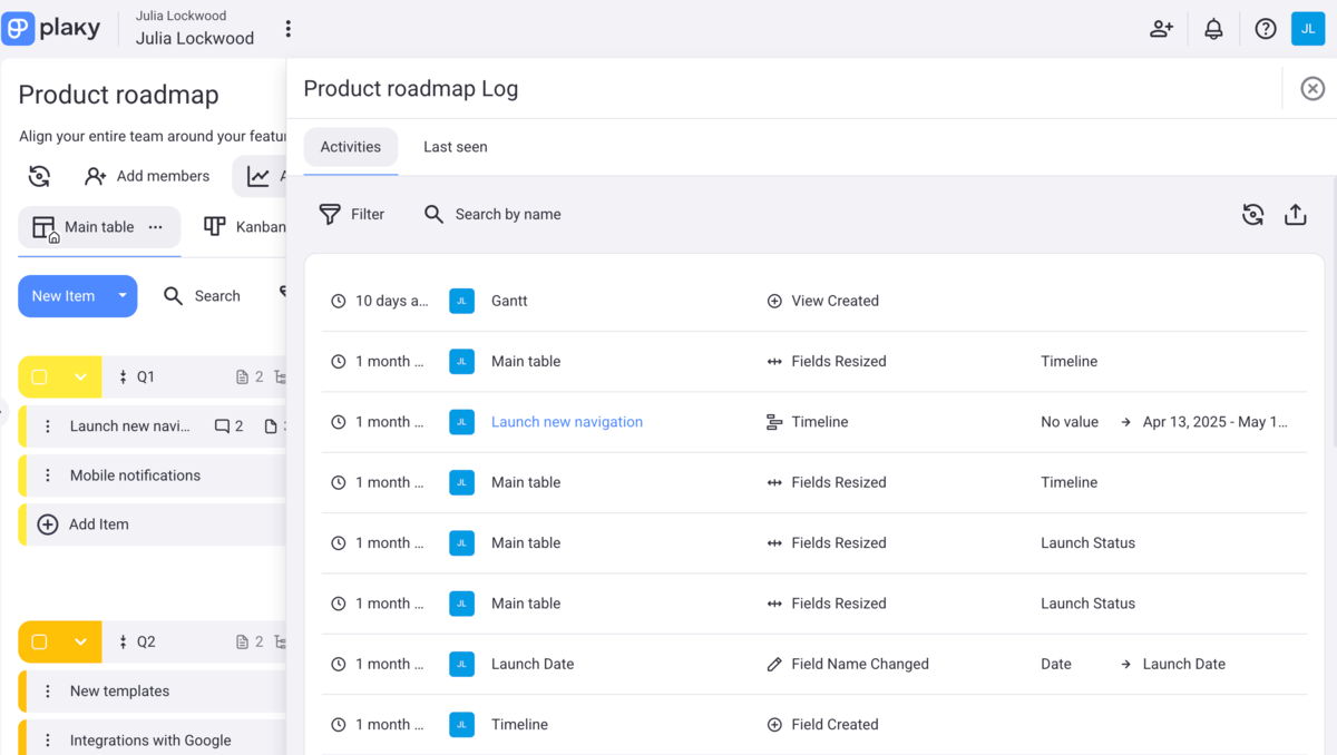 Activity log in Plaky project management software