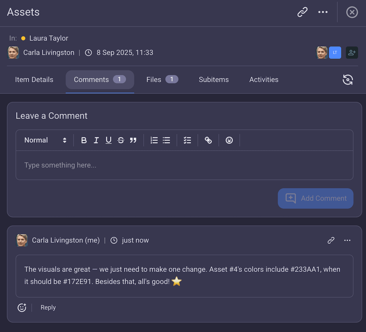 Comments in Plaky project management software