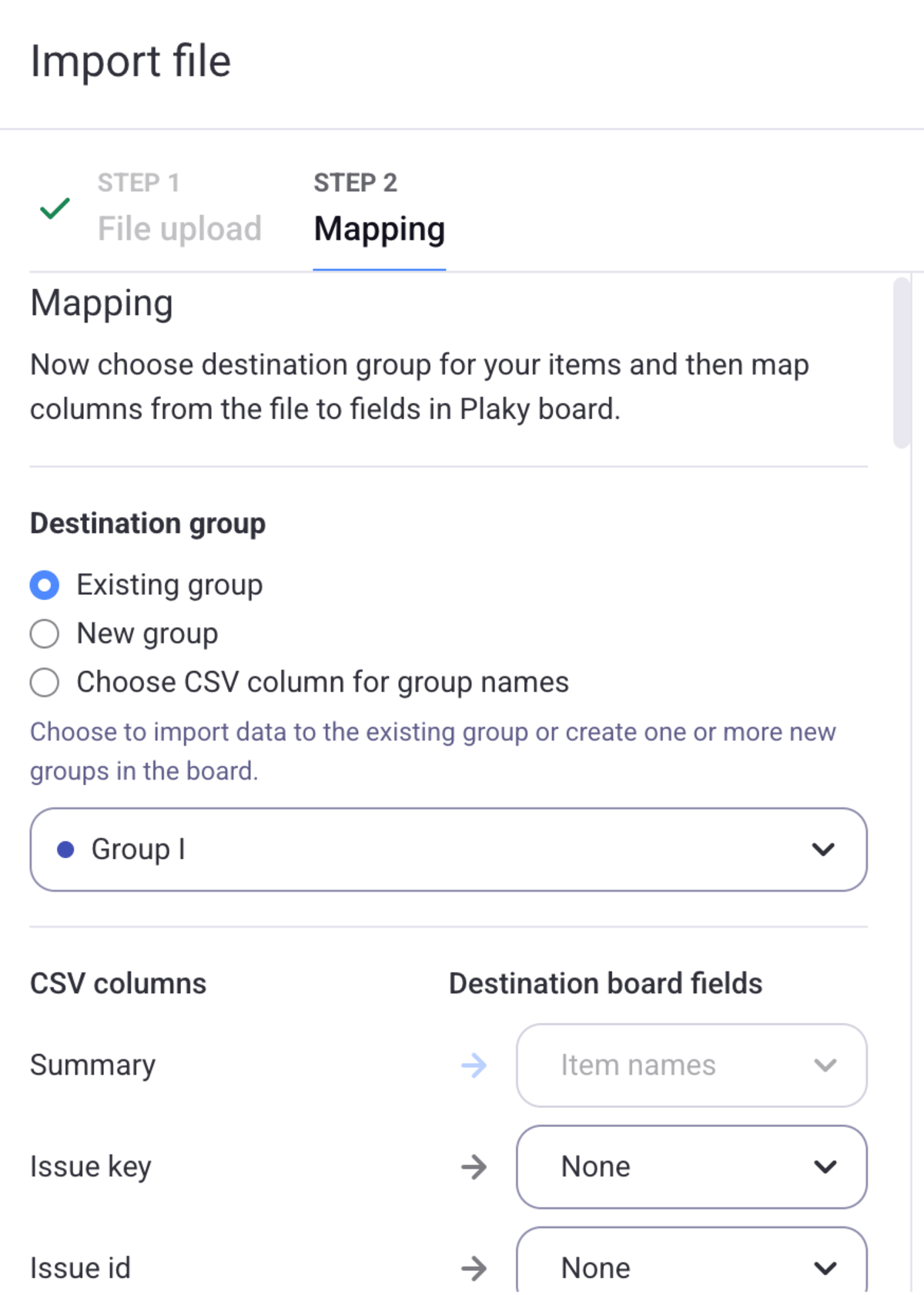 Choose in which group to import data in Plaky