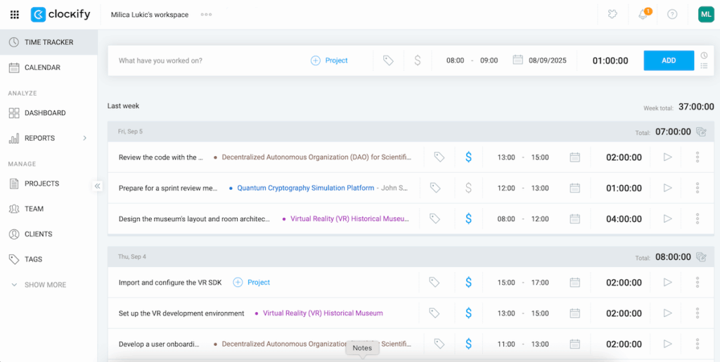 Time tracker page in Clockify time management app