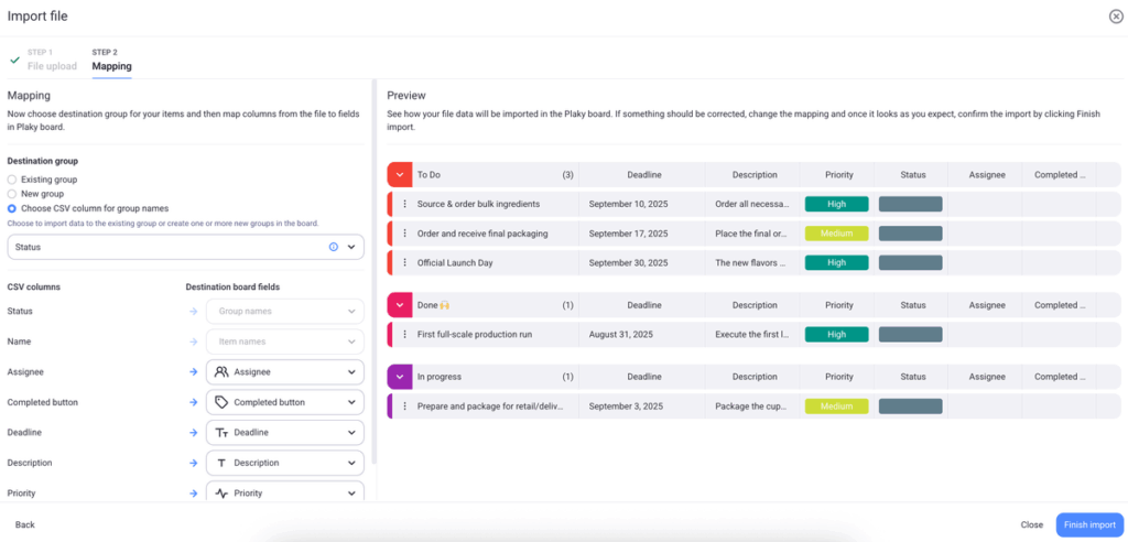 Creating item groups in Plaky based on the imported CSV file