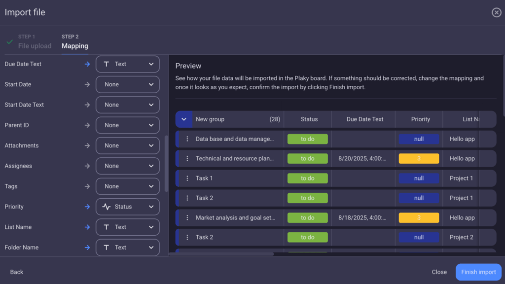 Data mapping in Plaky