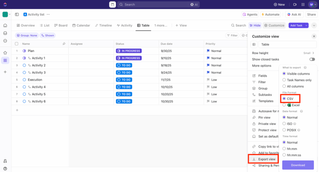 Table view board export in ClickUp