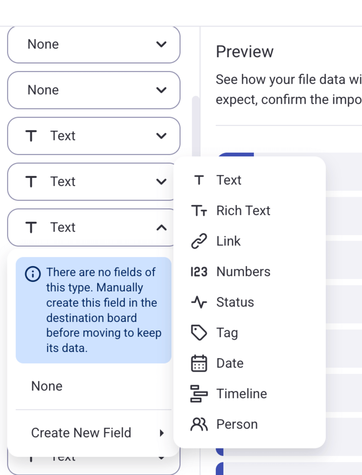 Choose field types during the mapping process in Plaky
