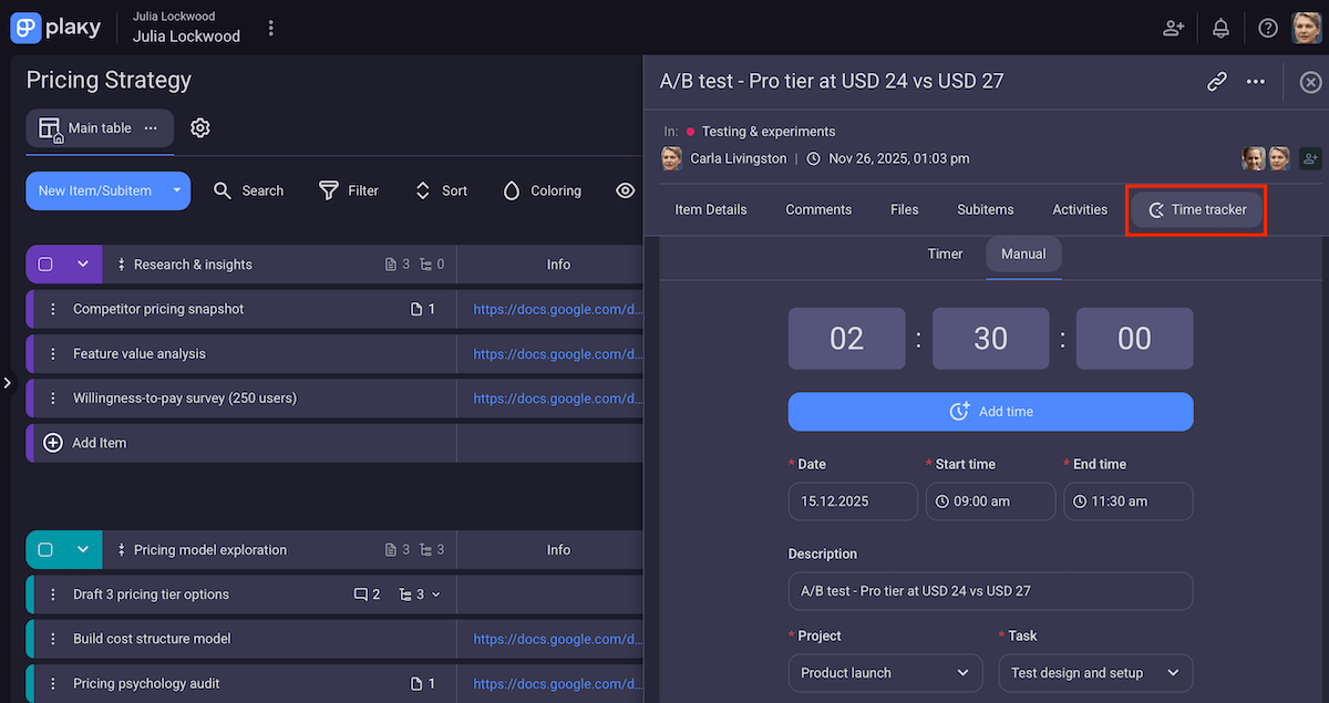 Tracking time in Plaky
