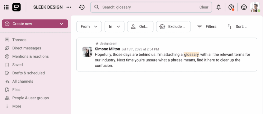 Search in Pumble team communication app