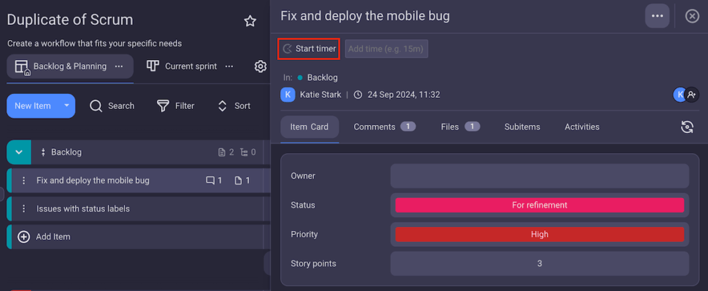 Tracking time in Plaky with the Clockify browser extension