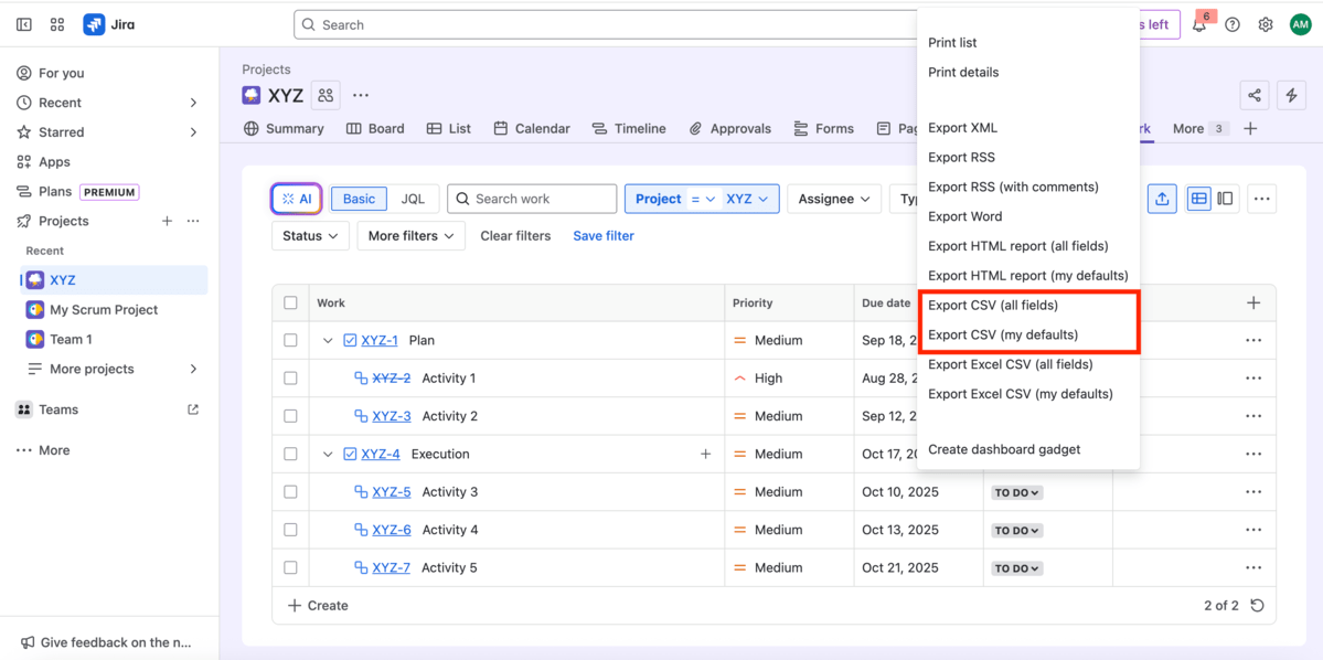 Export data from Jira
