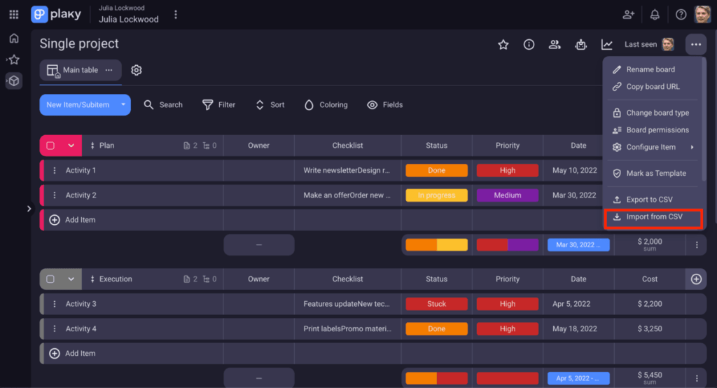 Importing a CSV file into an existing board in Plaky