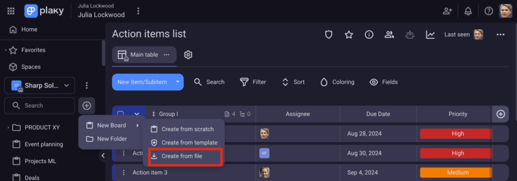 Creating a new board from file in Plaky