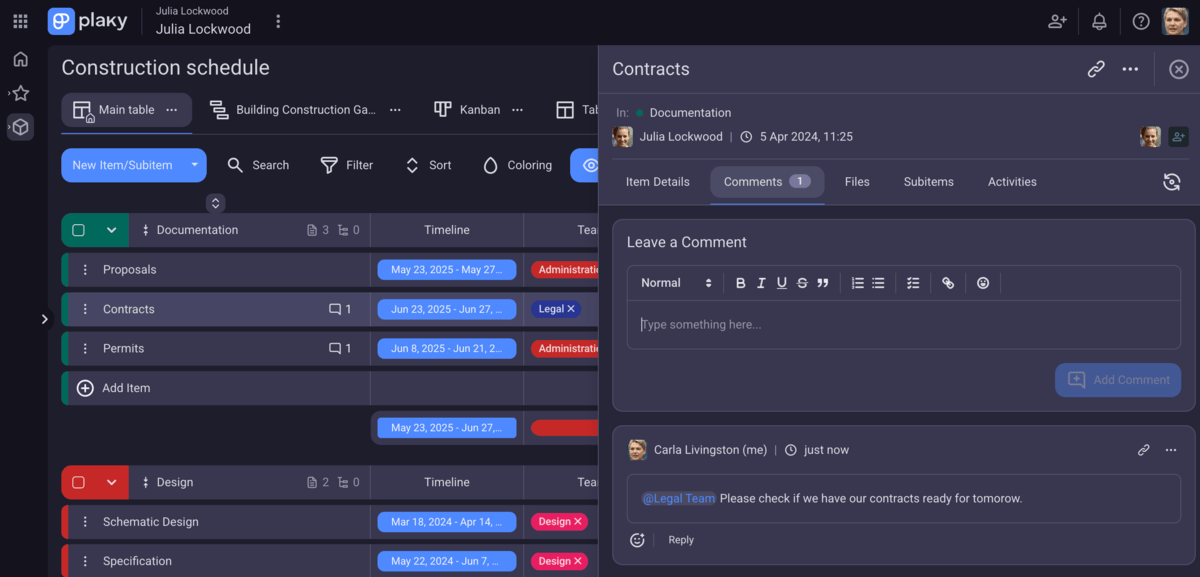 Real-time collaboration in comments in Plaky project management software