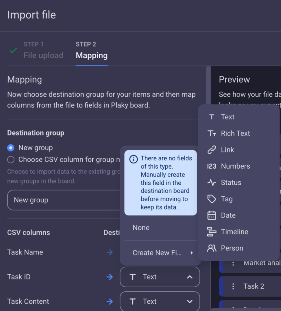 Matching Plaky field types with CSV items during the mapping process