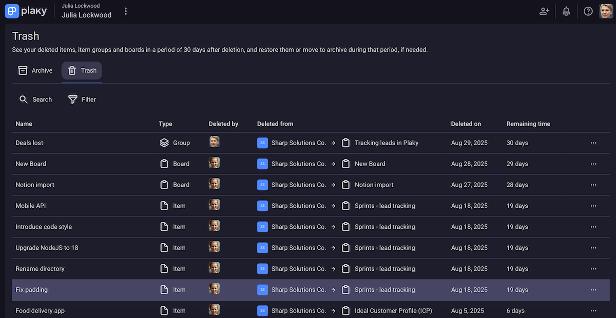 Trash section in Plaky project management software