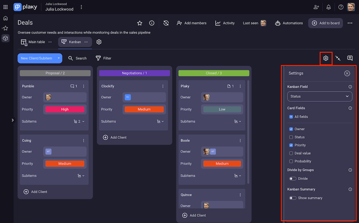 Kanban view in Plaky project management software